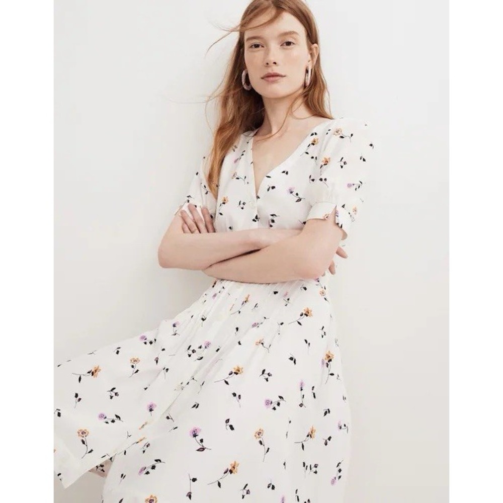 Madewell Daylily Pintuck Dress Sweet Blossoms Floral White Size 6 Button Front